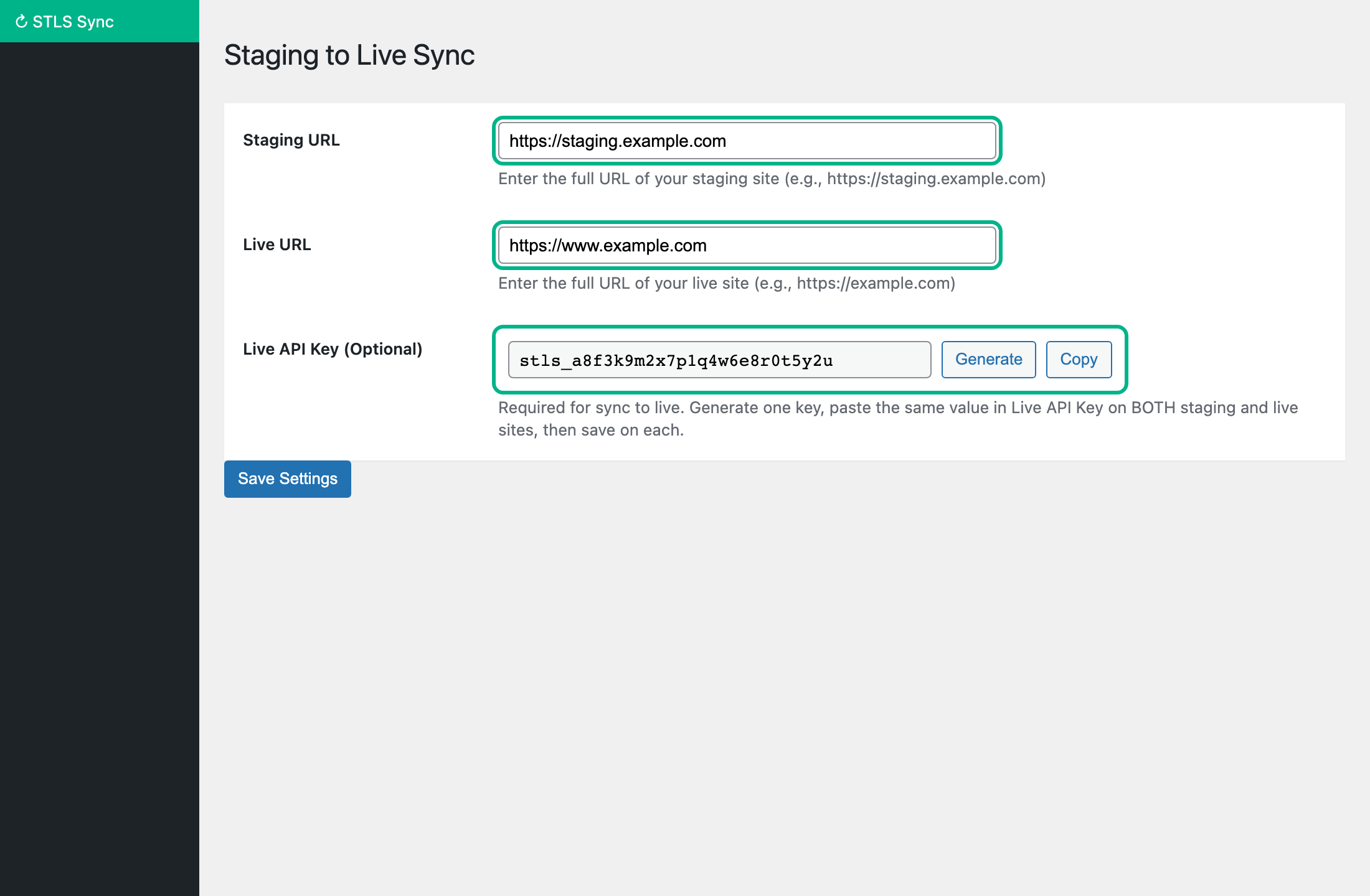 STLS Settings showing Staging URL, Live URL, and Live API Key fields