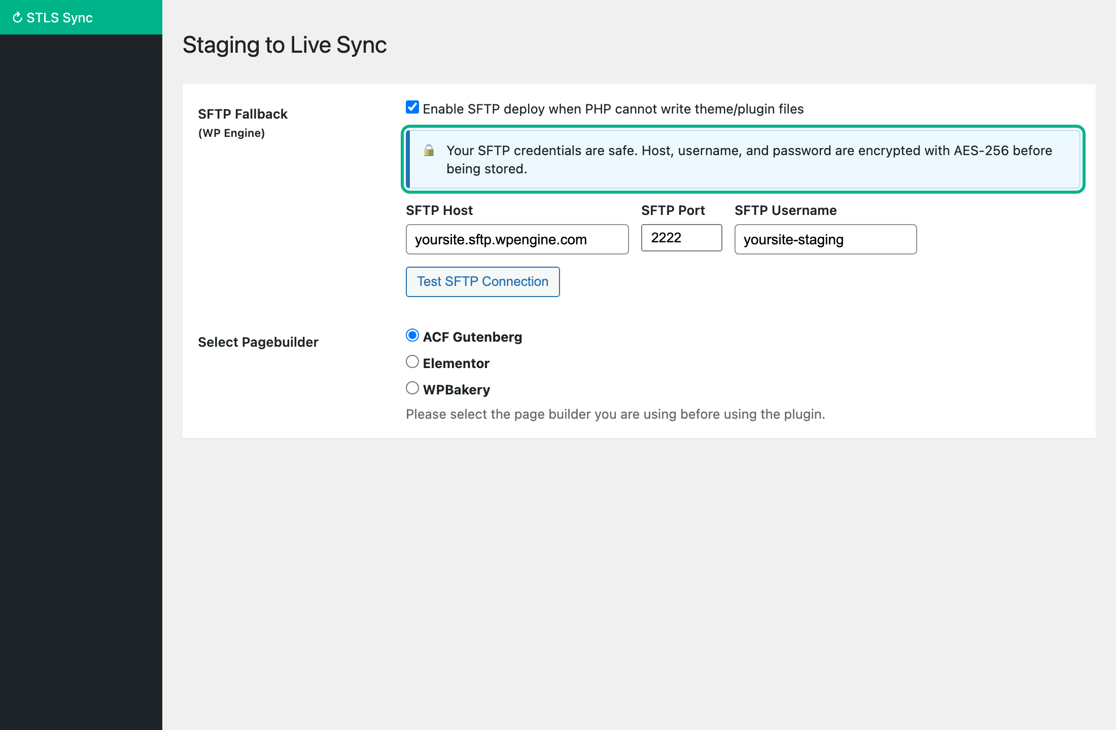 STLS Settings showing page builder selection and SFTP fallback options