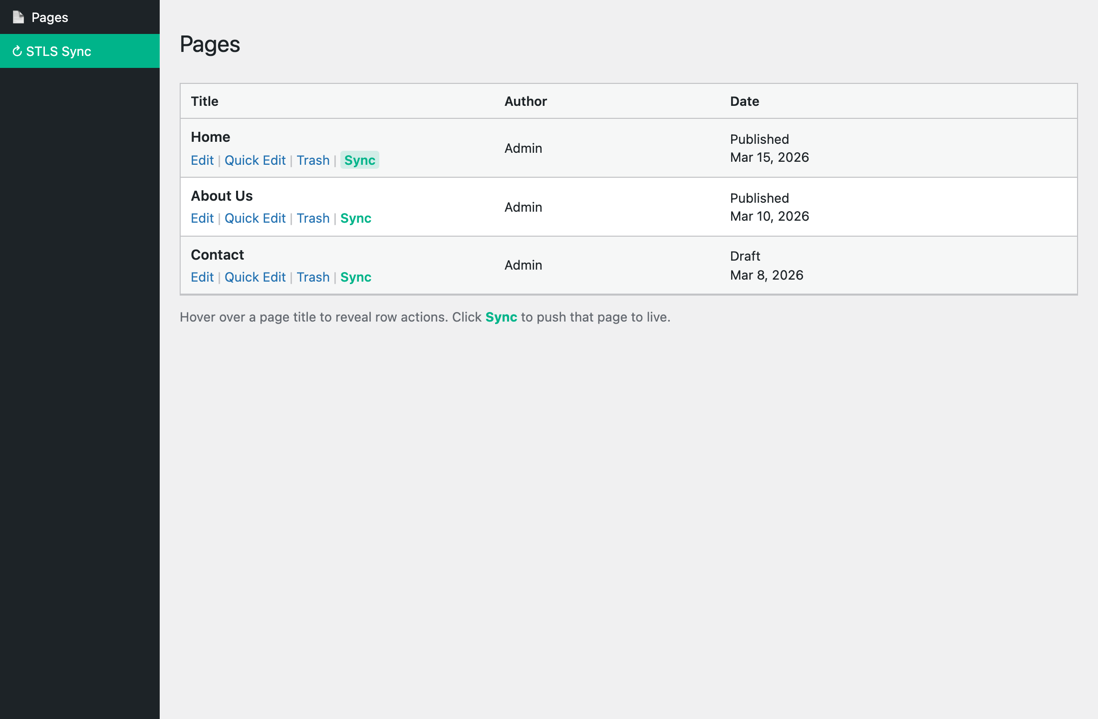 Daily workflow: click Sync under a page in the WordPress Pages list