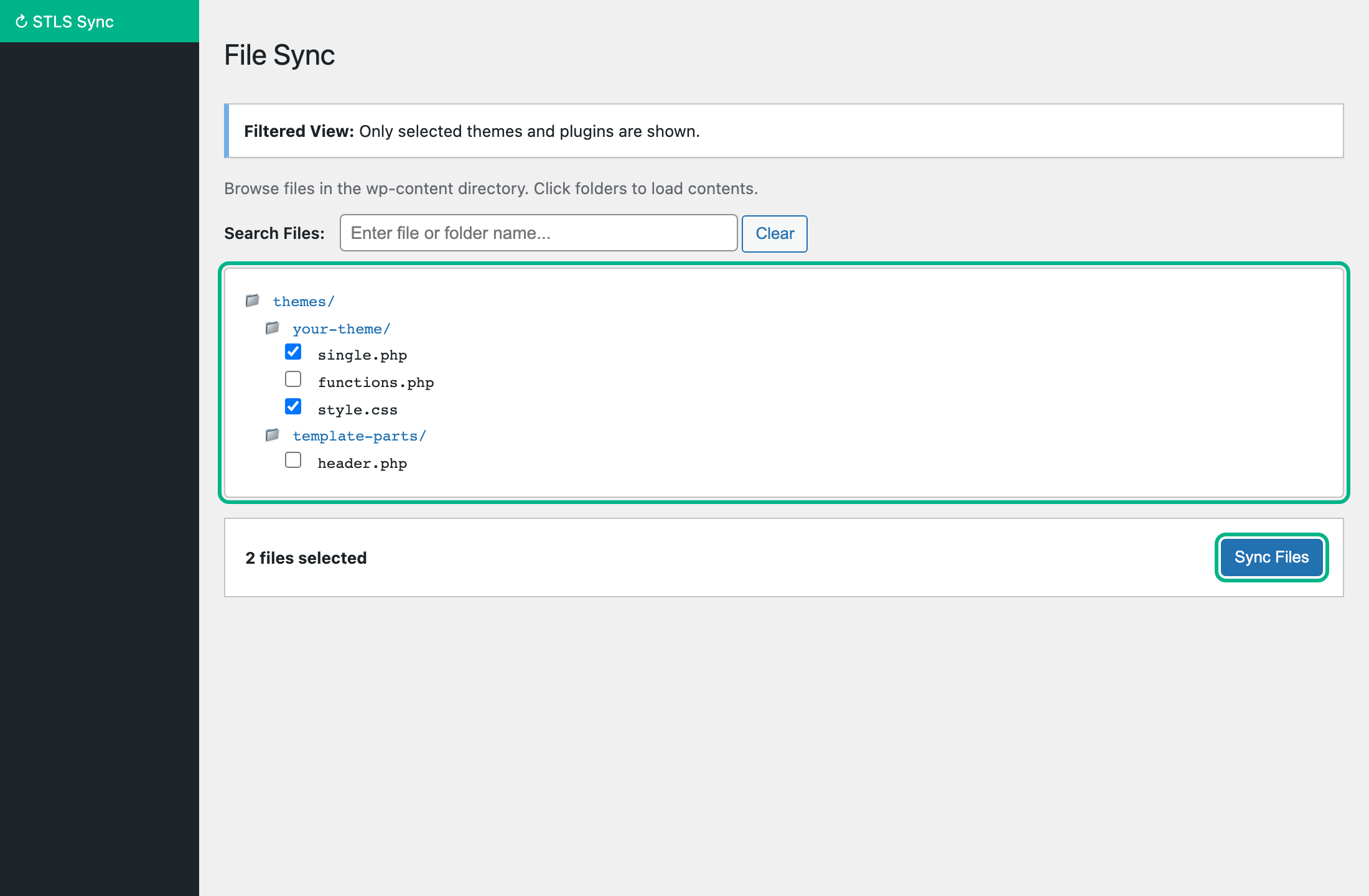 STLS File Sync page showing theme file tree with checkboxes and Sync Files button