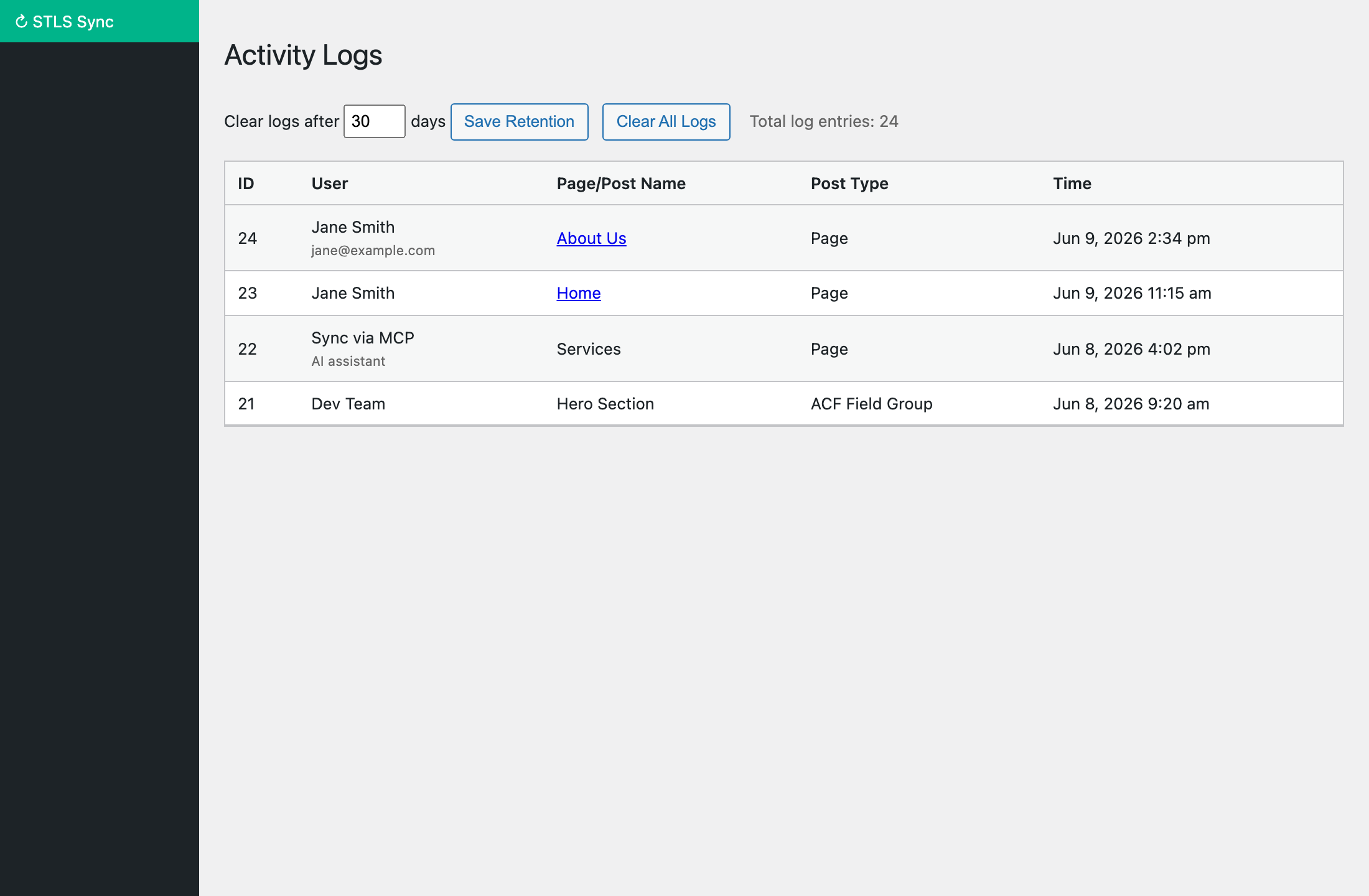 STLS Activity Logs showing sync history with user, page name, post type, and time