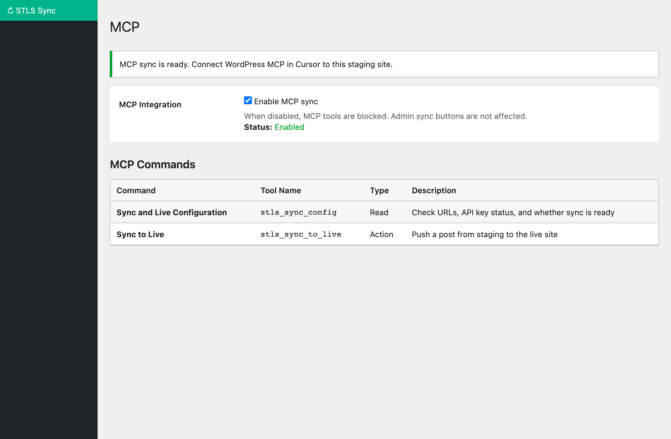 STLS MCP settings page showing Enable MCP sync checkbox and available commands